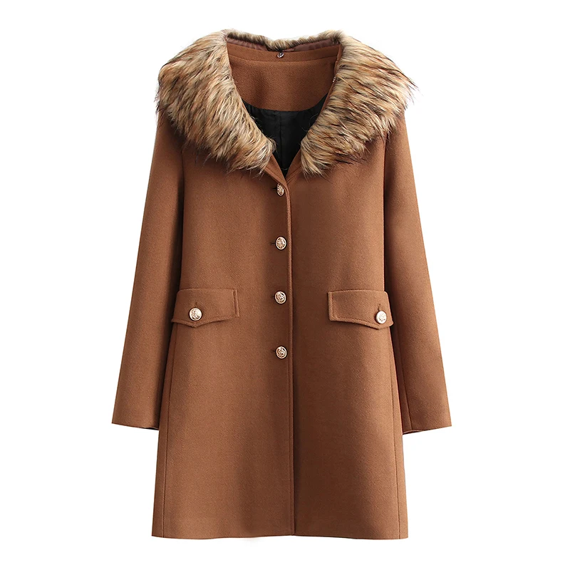 

Women Winter Chocolate Warm Overcoat Jacket Female Woolen Scarf Neck Single Breasted Pocket Long Slim Oversize Top Casaco