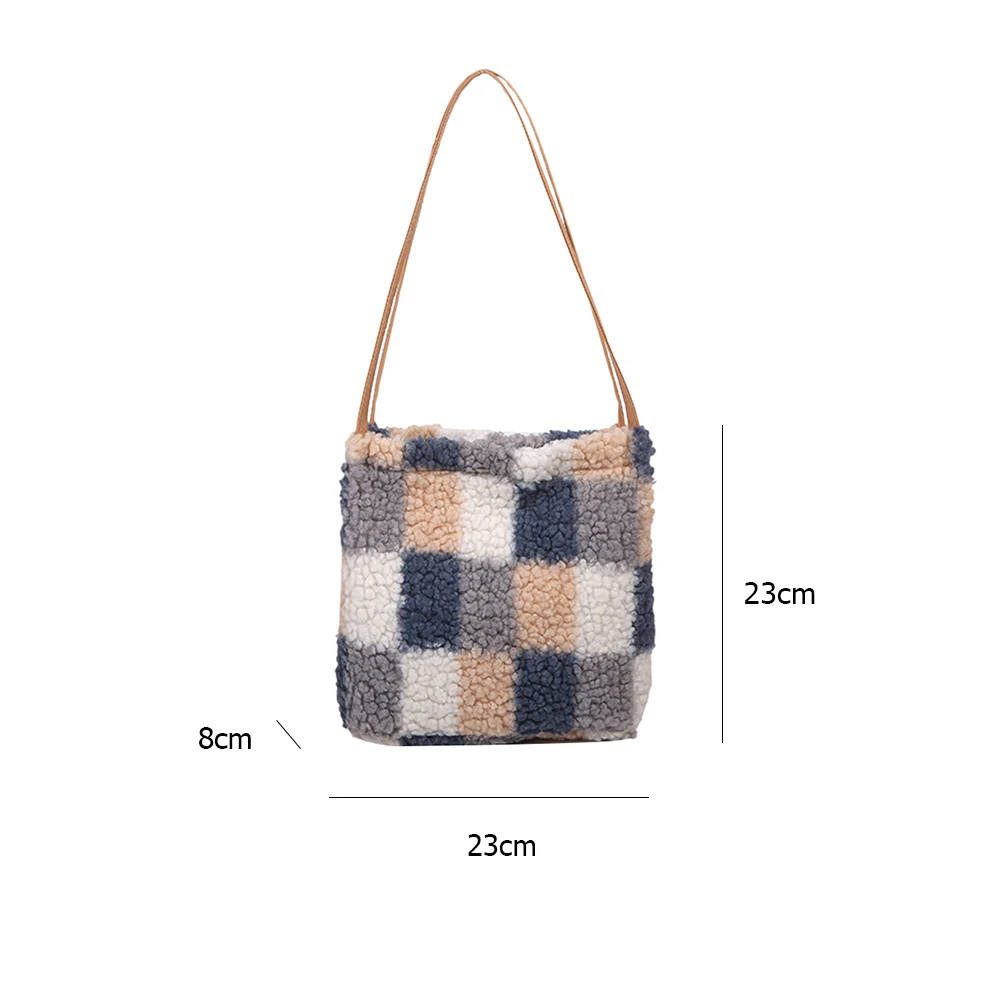 

Vintage Plaid Pattern Shoulder Bag Women Autumn Winter Big Capacity Lamb Fleece Handbags Casual Solid Color Shopping Package