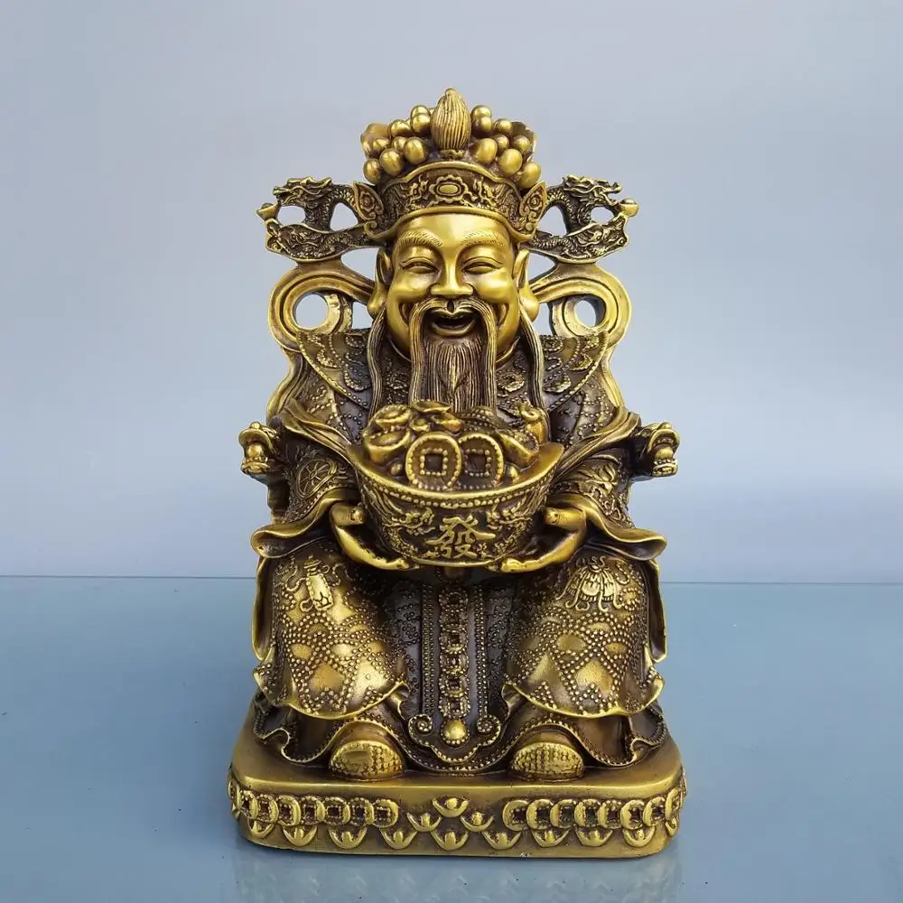 

Home 11" Chinese Seikos Bronze sit God of Wealth Buddha Statue Statue of God of Wealth Holding Ingot Implication Lucky fortune