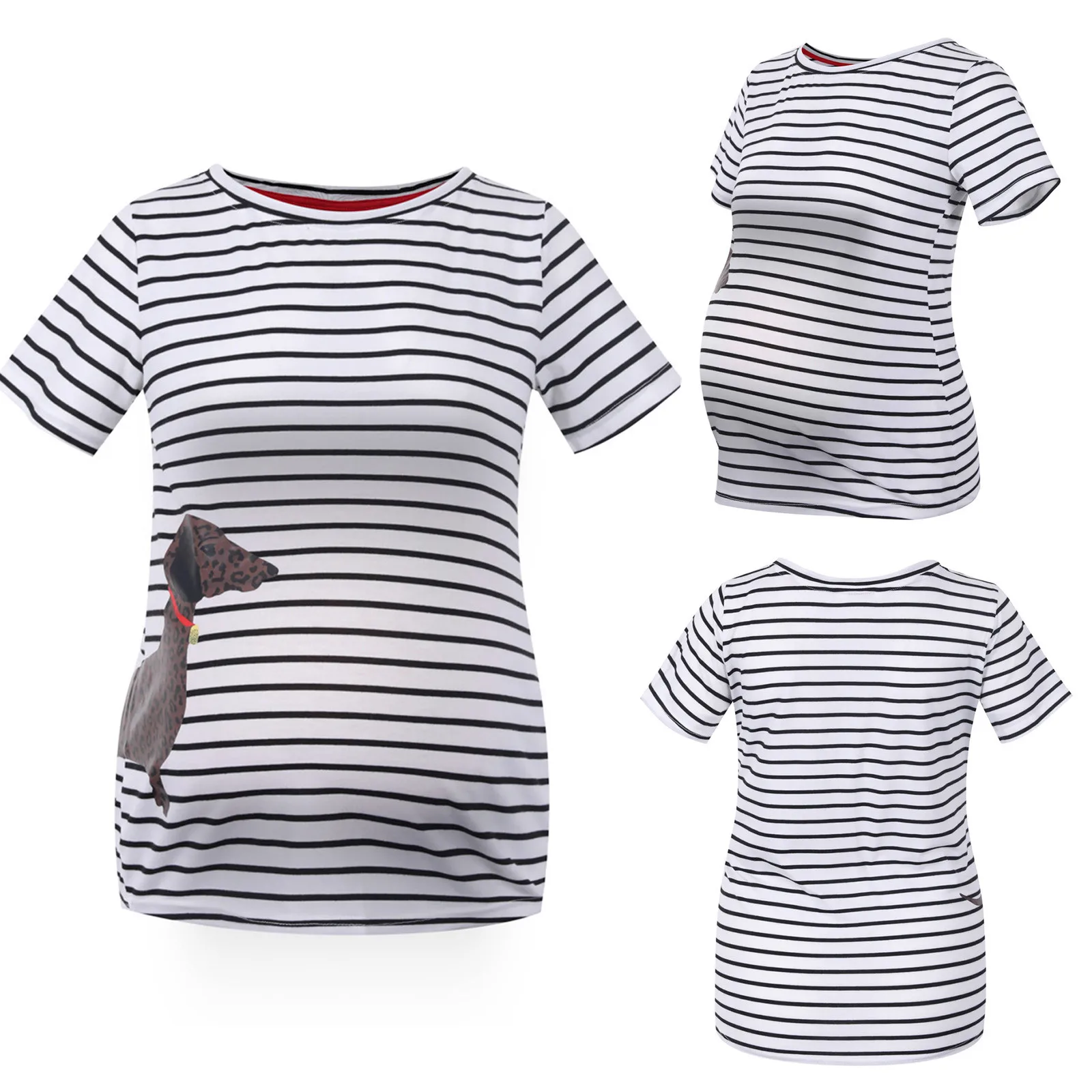 

Summer Casual Maternity Tees Women Short Sleeve Striped Maternity T-shirt Dog Print Pregnant Maternity Top Pregnancy Clothing