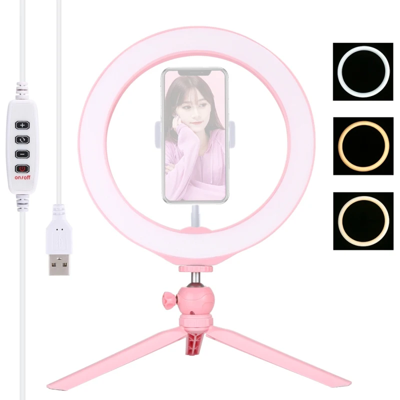 

PULUZ 10.2 inch LED Photography Selfie Ring Lights with Desktop Tripod USB 3 Modes Dimmable Vlogging Selfie Video Lights