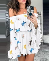 autumn women butterfly print off shoulder dress 2022 new femme bell sleeve frill hem mini casual robe lady boho outfits y2k