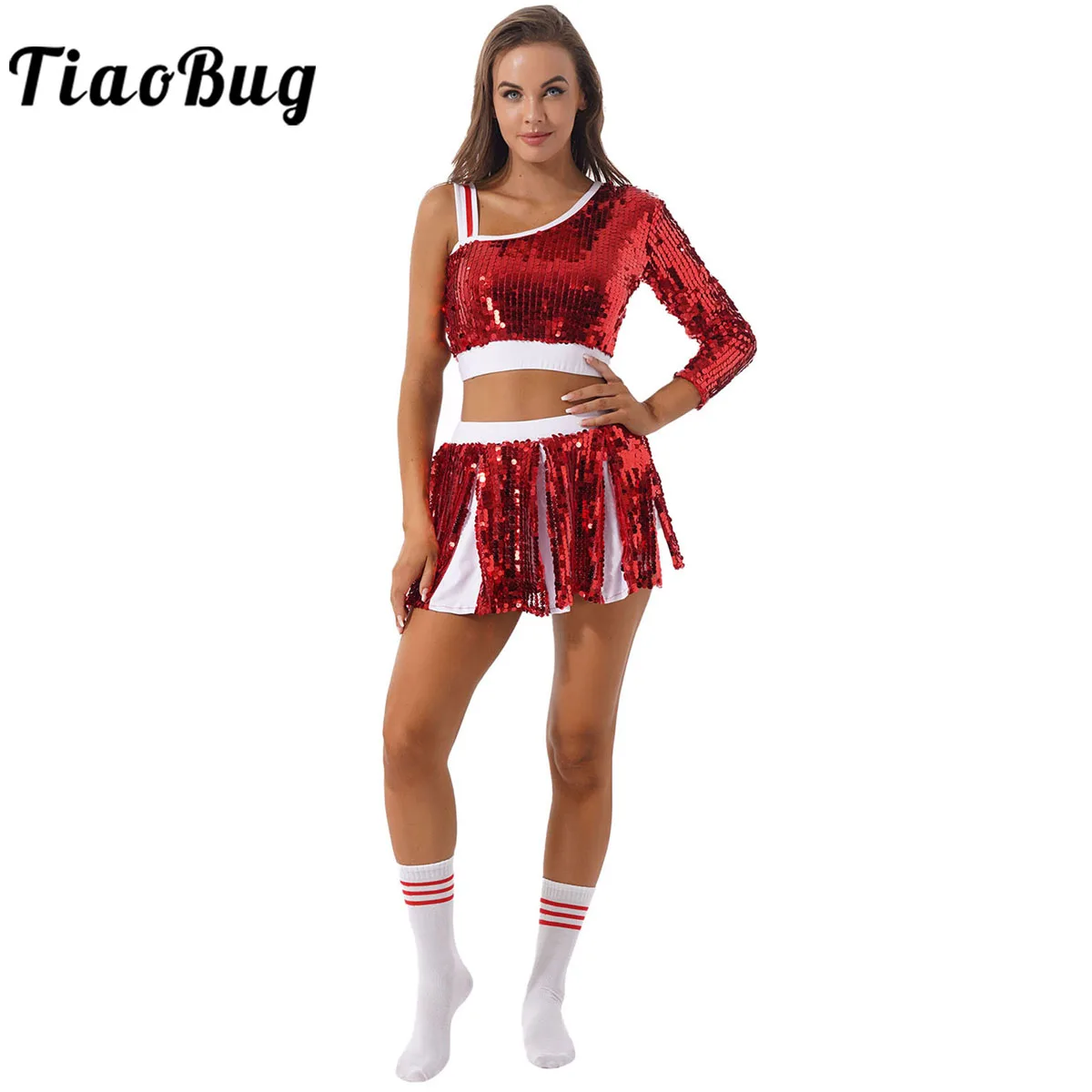 

Women Schoolgirls Cheerleading Uniform Outfits Musical Fancy Dress Costume Shiny Sequins Crop Top with Pleated Skirt Socks
