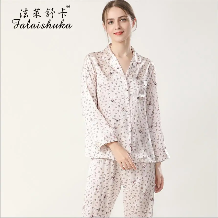 Pink 100% Silk Stain Pajamas Sets Women Homewear 2021 Spring Full Sleeve Long Pants