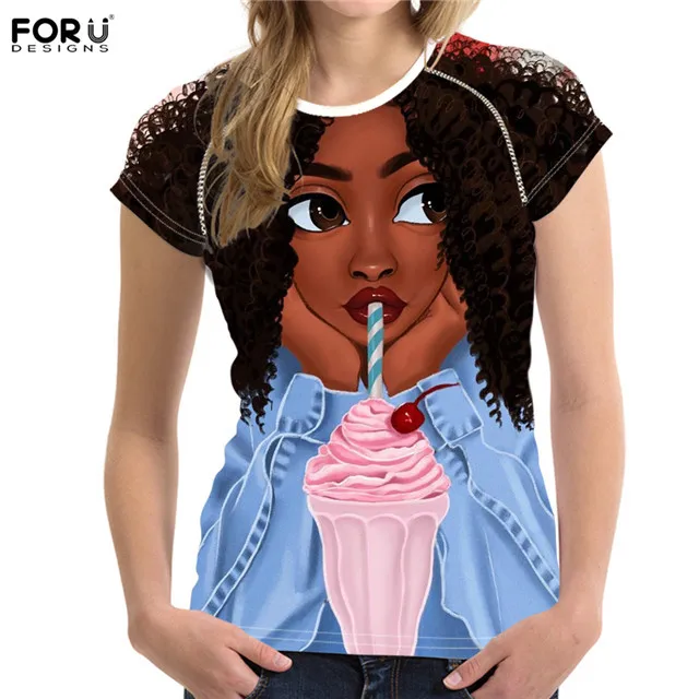 FORUDESIGNS T-shirts for Women African Black Girls Hairstyle Printing Tops Summer Short Sleeve T Shirts Female Kawaii Tees XXL | Спорт и