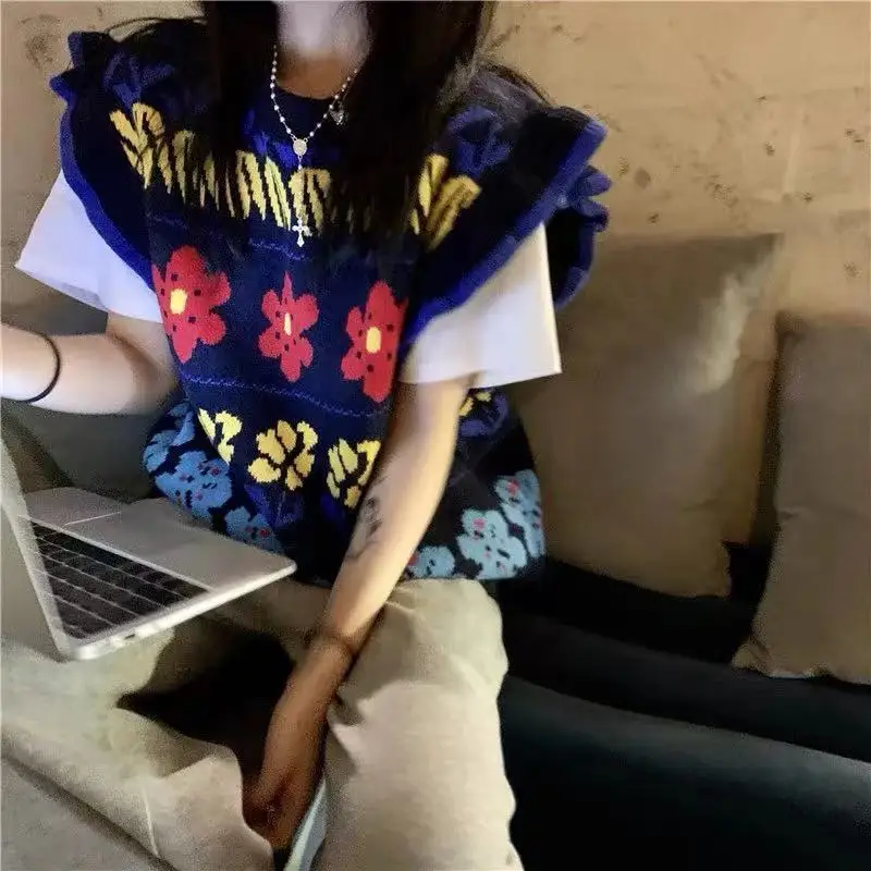 

Hsa Flower Knitted Vest Women 'S Autumn 2021new Retro Loose Outer Wear Bandage Dress Sweater Vest Top
