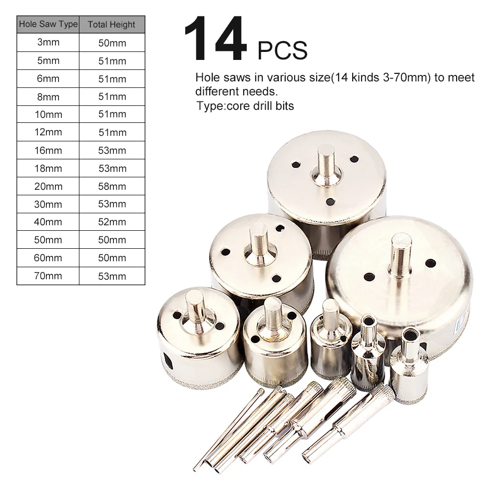 

14Pcs/set 3-70mm Diamond Coated Hole Saw Drill Bit Cutter for Glass Marble Tile
