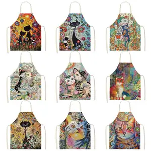 Кухонный Фартук с цветочным принтом, домашние хлопковые льняные фартуки без рукавов с милым котом для мужчин и женщин, аксессуары для выпечки WQ162