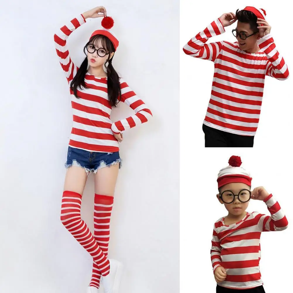 

3/4 Pcs/Set O-Neck Long Sleeve T-shirt Set Christmas Theme Red Striped Print Hat Top Glasses Set Homewear
