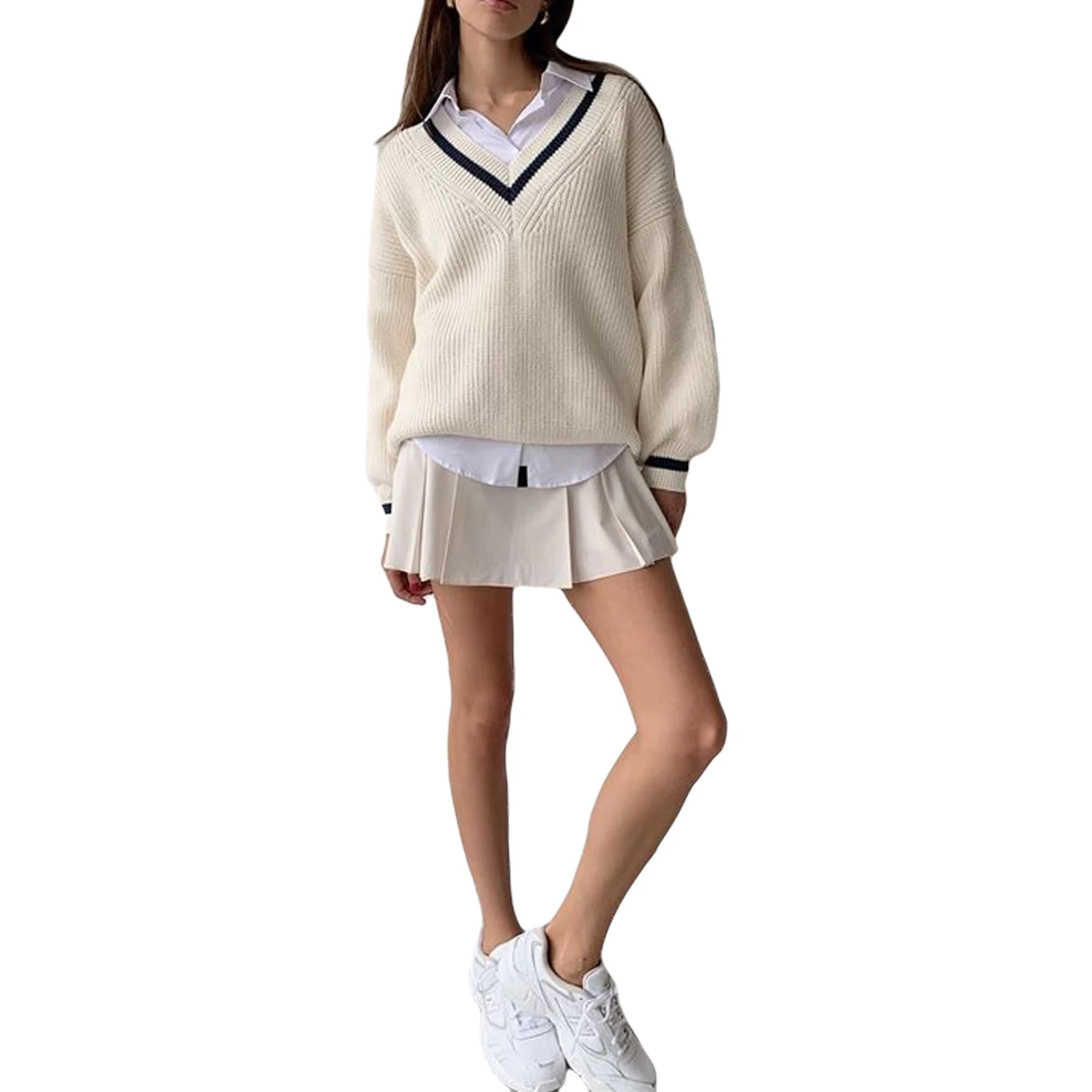 

Women's Casual V-Neck Sweater Long Sleeve Color Block Loose Knitted Pullover Tops Spring Autumn Warm