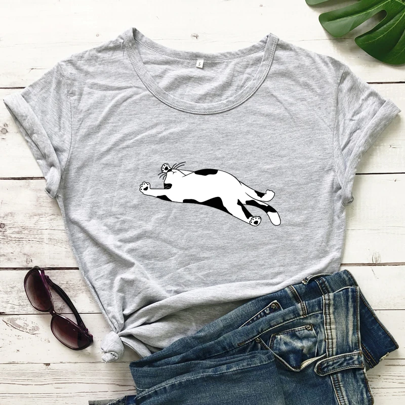 

Colored Lazy Cat 100% Cotton T-shirt Funny Cat Life Tshirt Aesthetic Hipster Cat Mom Top Tee Shirt