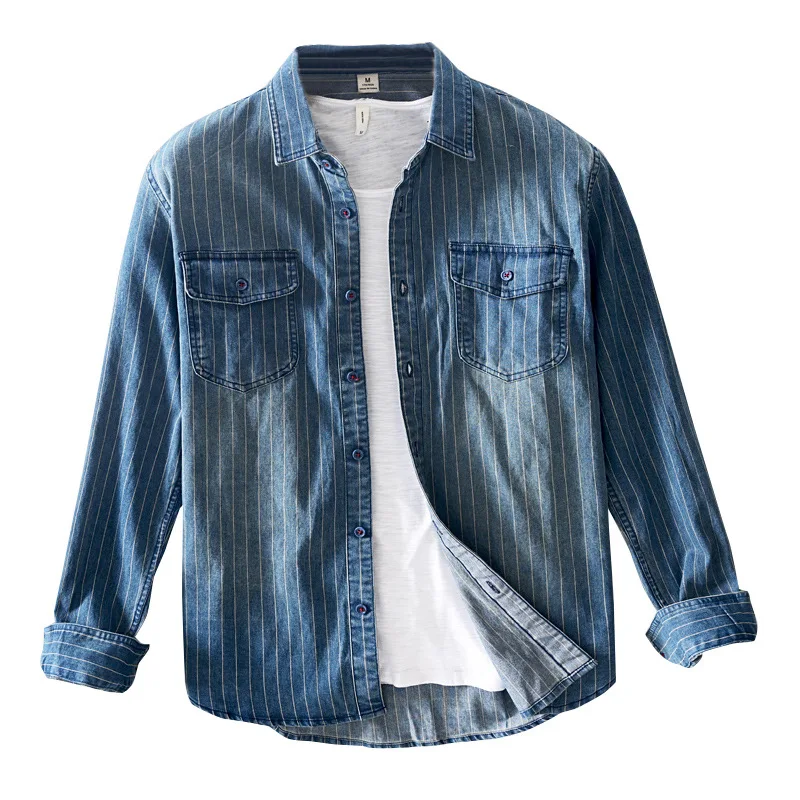 

Spring Autumn Fashion Men Striped Double Pockets Long Sleeve Lapel Denim Shirt Male Japan Style Retro Simple Casual Slim Fit Top