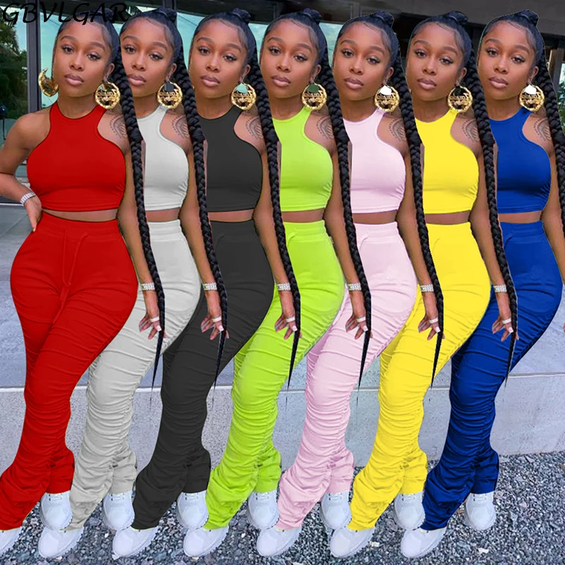 

2020 Summer Fashion Solid Two Piece Set Tracksuit Women Vest Crop Tio Ruched Pants Suit Sexy Casual Sporty Suit Ladies Outfits