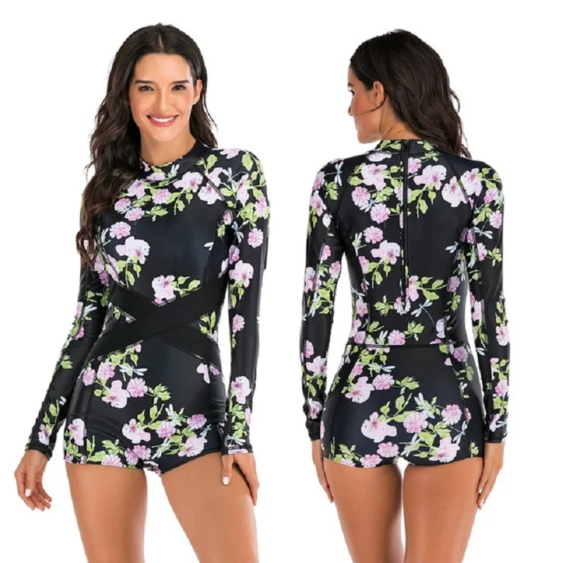 2020 Retro Backless Print Long Sleeve One Piece Swimsuit Zip Women Swimwear Plus Size Monokini Sport Bathing Surfing Suit Beach | Спорт и