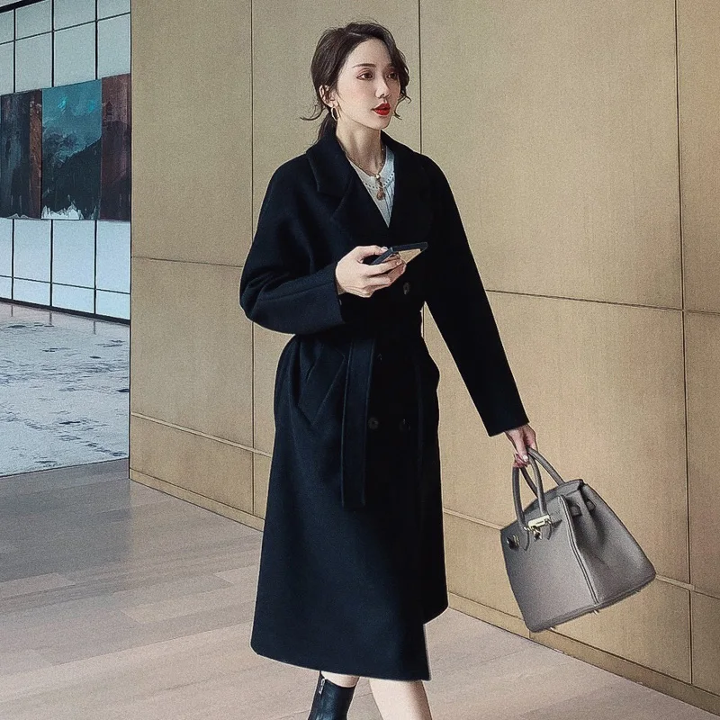 Женское повседневное шерстяное пальто свободное двубортное длинное в Корейском