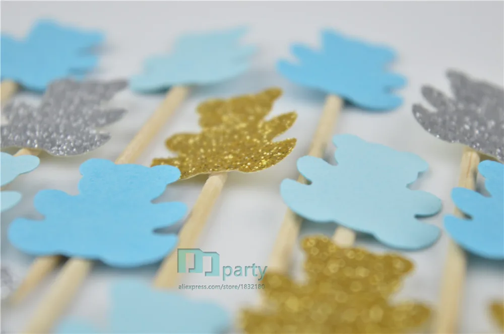 40 шт. медвежьих капкейков Детские топперы для душа синие бирки детского