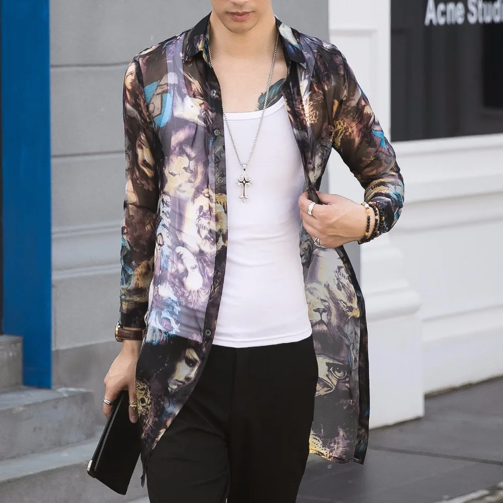 Новинка 2019 Мужская одежда стильная длинная рубашка с саржевым экраном и цифровой