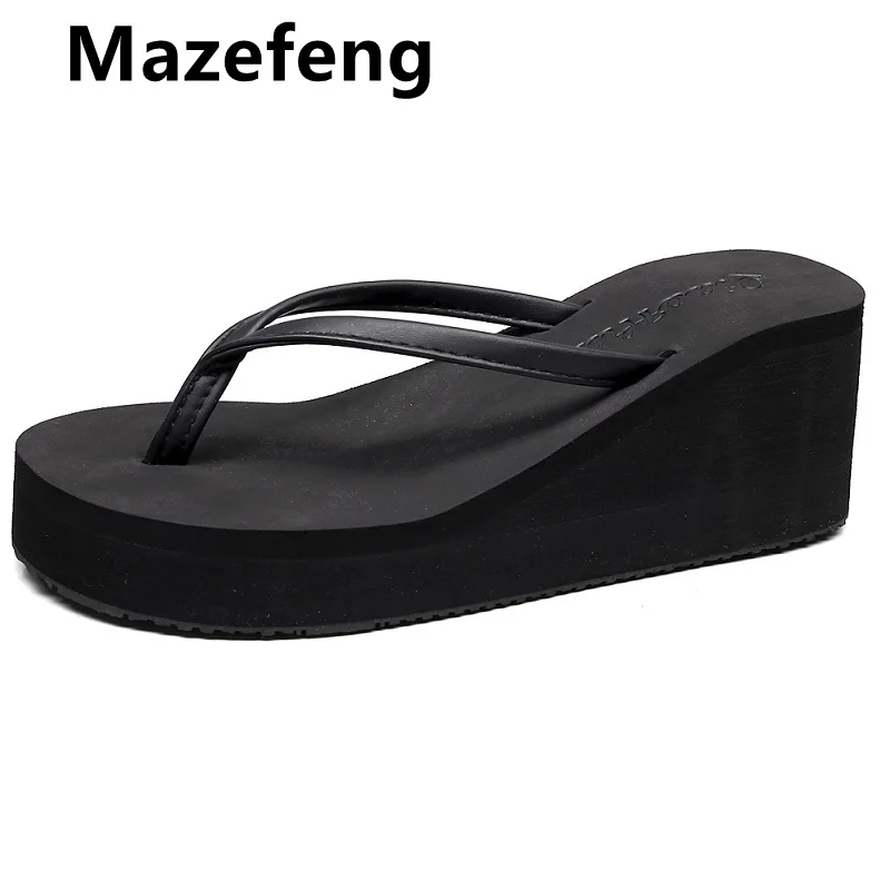 

Mazefeng 2021 Women Slippers Fashion Summer High Heel Slippers Beach Flops Slipper Platform Beach Shoes Sandals Non-slip Feet