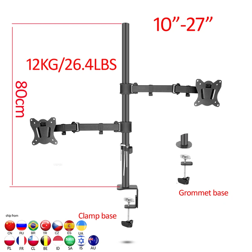 (80cm) DL-T902-280II Full Motion Dual Monitor desktop stand Holder 10"-27" clamp grommet hole base PC Mount foldable Arm 12kg
