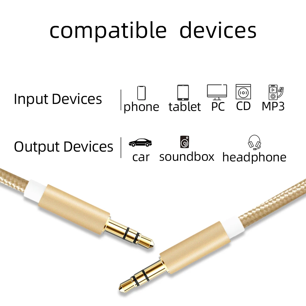 Nylon Jack Audio Cable 3.5 mm to 3.5mm Aux Cable 2m 3m Male to Male Kabel Gold Plug Car Aux Cord for Phone