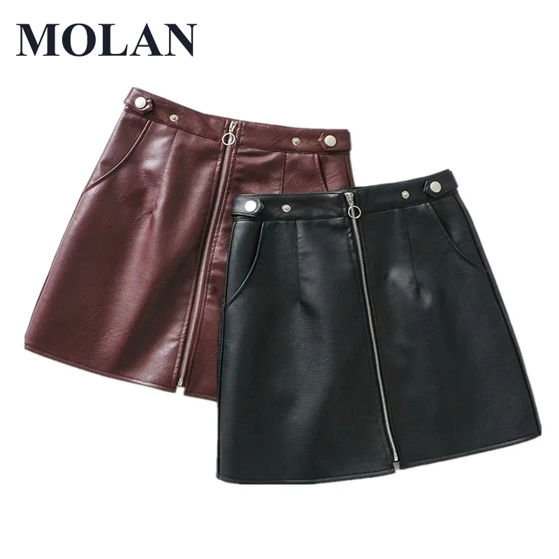 

MOLAN Women Faux Leather Skirts Faldas Mujer Solid Zipper Vintage Casual Solid Female 2021 New Good Quality MSkirt