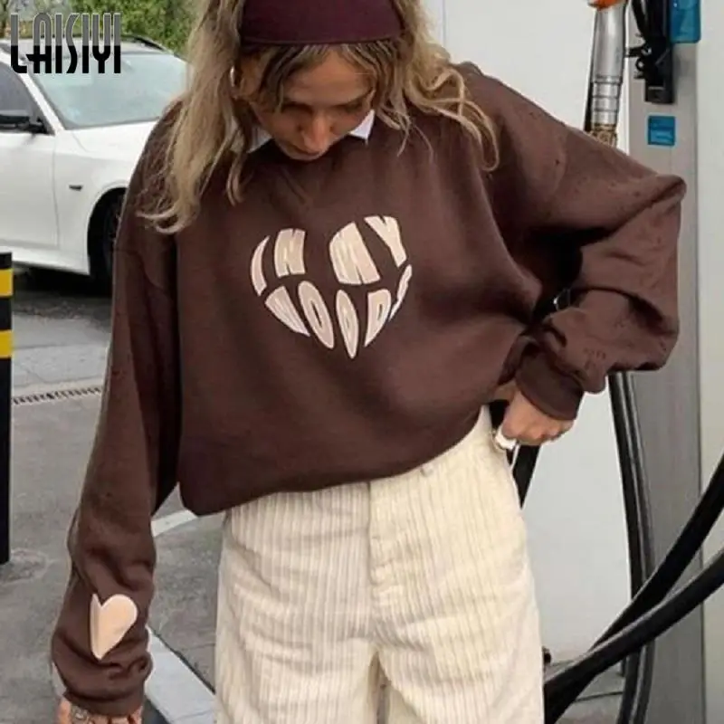 

y2k Hoodies Letter Heart Printed Oversized Hoodie Women Brown Grunge Crewneck Long Sleeve Pullovers Fashion Kawaii Sweatshirt