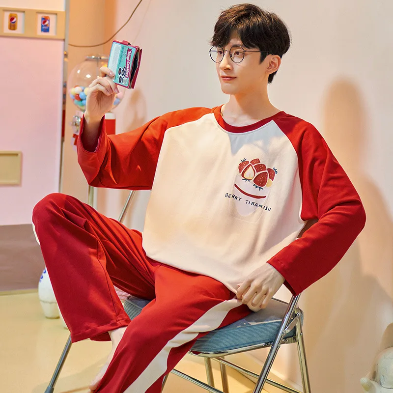 

Домашний костюм, Мужская пижама, хлопковая Повседневная Удобная простая одежда с круглым вырезом и длинным рукавом, дышащая одежда с мультя...