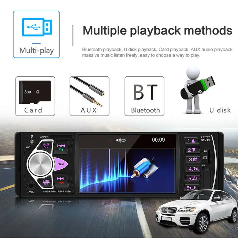 1din автомобильный стерео MP5 MP3-плеер 4 1 дюйма Bluetooth FM-радио USB AUX + камера |
