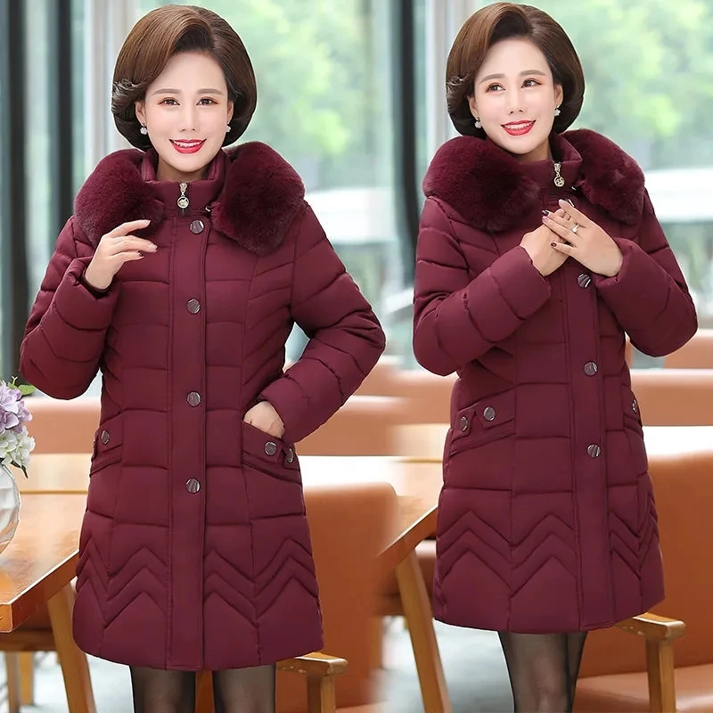 

2021 New Winter Jacket Parkas Mid-length Plus Size Hooded Jacket Overcoat Parkas Middle-aged and Elderly Women's Cotton Coat 5XL