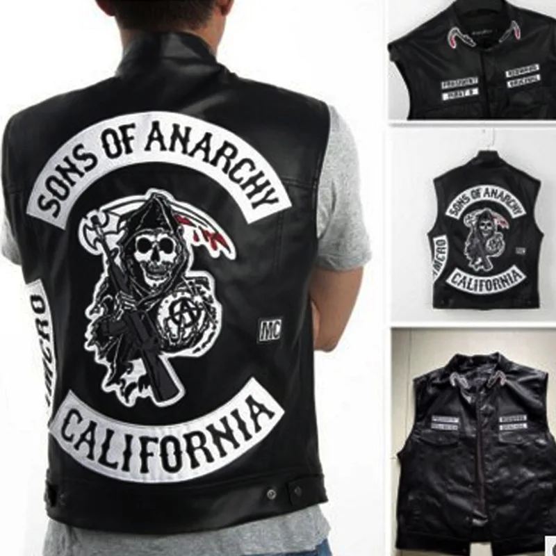 

Black Color Motorcycle Sleeveless Jacket 2021 New Fashion Sons Of Anarchy Embroidery Leather Rock Punk Vest Cosplay Costume