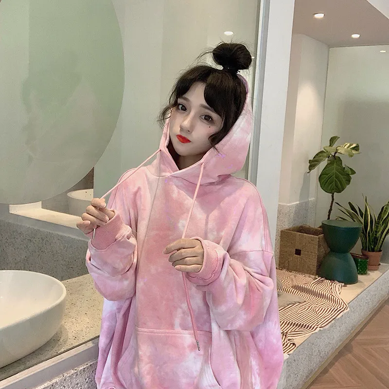 Корейские уличные милые синие толстовки KPOP галстук окрашенные Свободные Harajuku пуловер Tumblr Kawaii с длинными рукавами розовый свитер с капюшоном