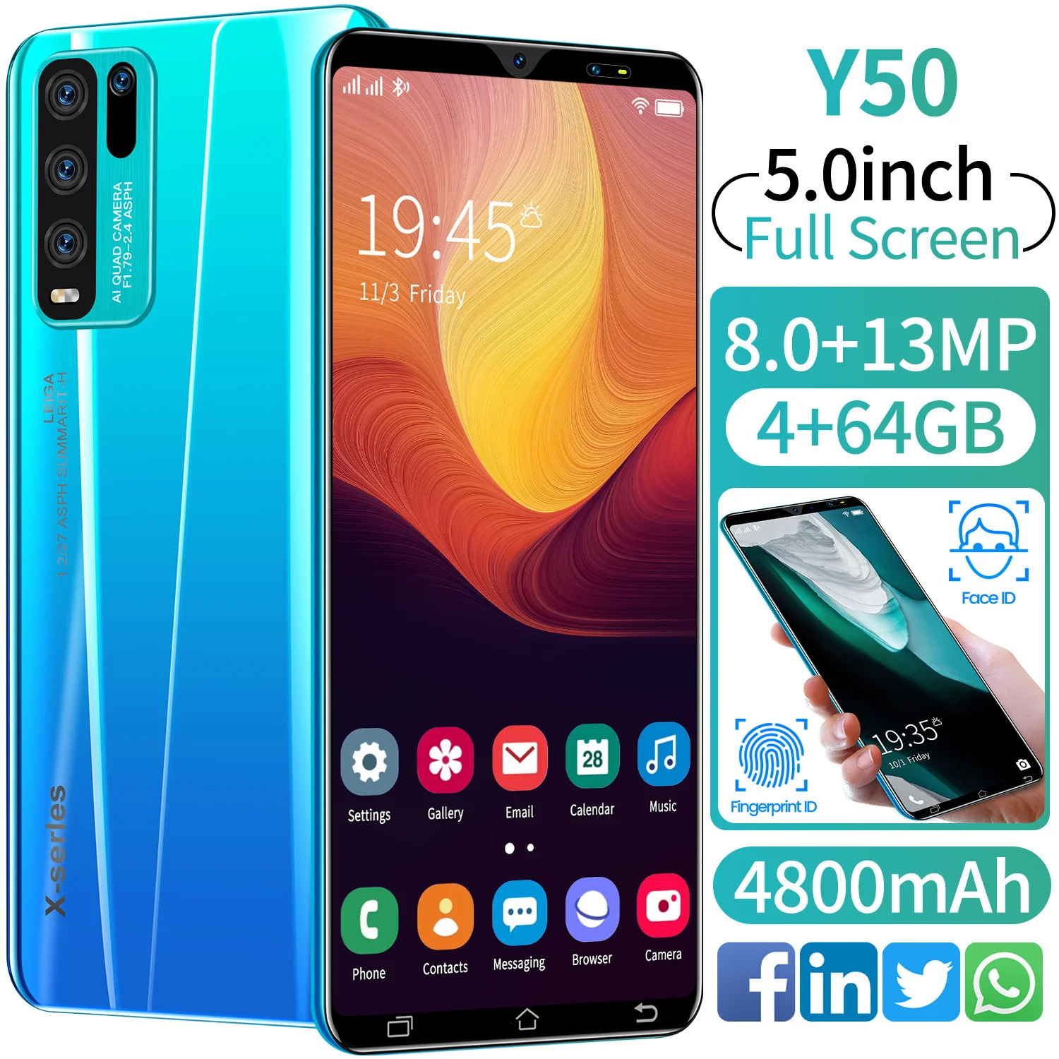 

New 5.0inch Y50 4GB 64 GB 8MP+13MP Unlocked 5g Android 10 4800mAh 10Core Really Telephone MTK6889 Cellphones Smartphones