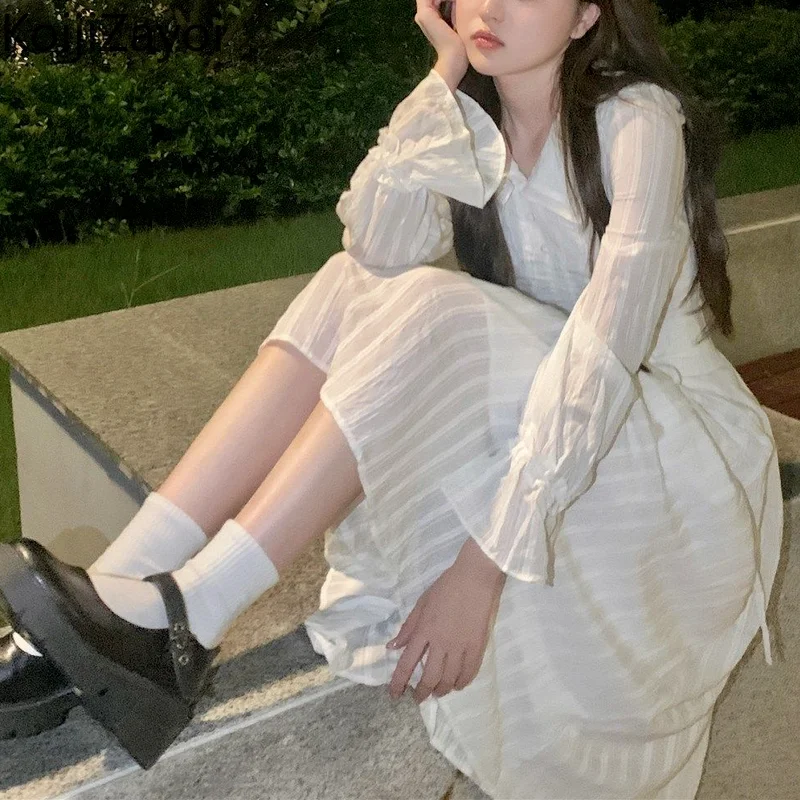 

Koijizayoi 2022 Autumn Long Sleeve Dress Women Sweet Peter Pan Collar White Midi Dresses French Elegant Lace-Up One Piece Dress