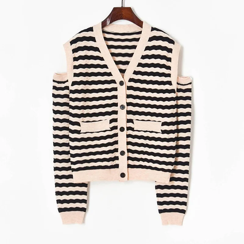 Женский кардиган с V-образным вырезом модельный абрикосового и черного цветов