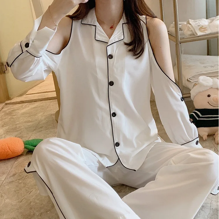 2021 New Spring Pajamas Women's 2Pcs Set Ice Silk Nightgown Long Sleeve Off Shoulder Suit Homewear Sleepwear Lounge Sets