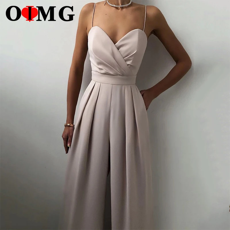 

OIMG Elegant Female Jumpsuit Summer Sexy Sleeveless Sling Romper Fashion Casual Loose Office Lady Straight Playsuit Red 10146