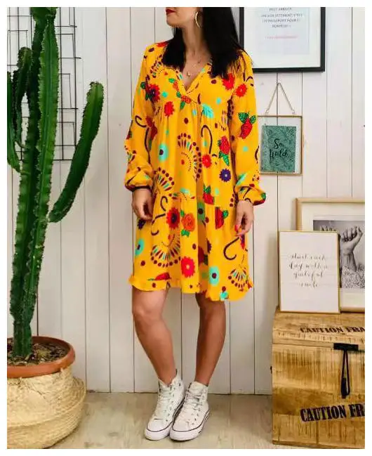

Casual Loose Dress V-Neck Long Sleeve Floral Beach Elegant Party Fashion Short Vestidos Big Size Shift Boho Dress Summer Women