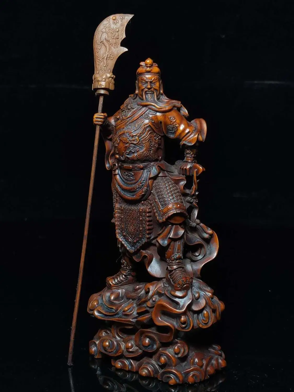 

7" Chinese Boxwood Seikos Wood Carving Guan Gong and Wu Sheng Statues Four handsome guardians of Zhongyi Taoism Guan Yu statues