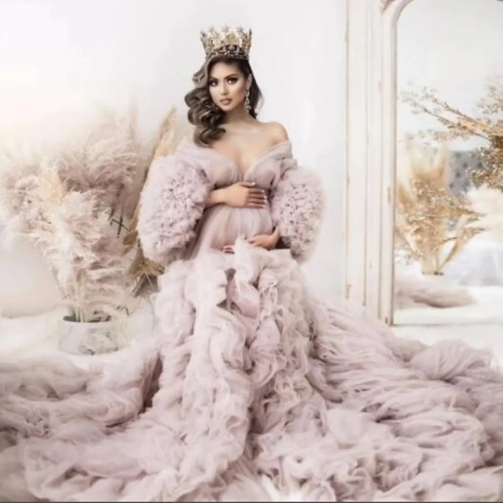 

Fashion Evening Dresses Tulle Photo Robe Sexy Off Shoulder Pregnant Women Photography Custom Made Sweep Train Photo Shoot Dress