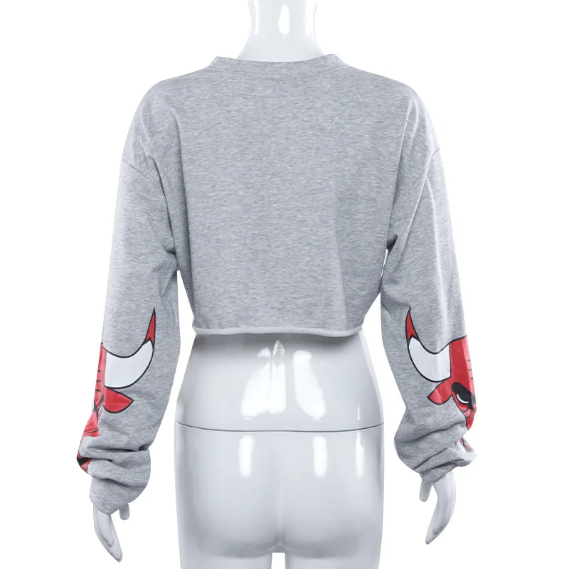 

Y2k 2021 Spring New Streetwear Long Sleeve Sweatshirt Woman Vintage Loose O Neck Bulls Print Crop Tops Pullovers Sportswear
