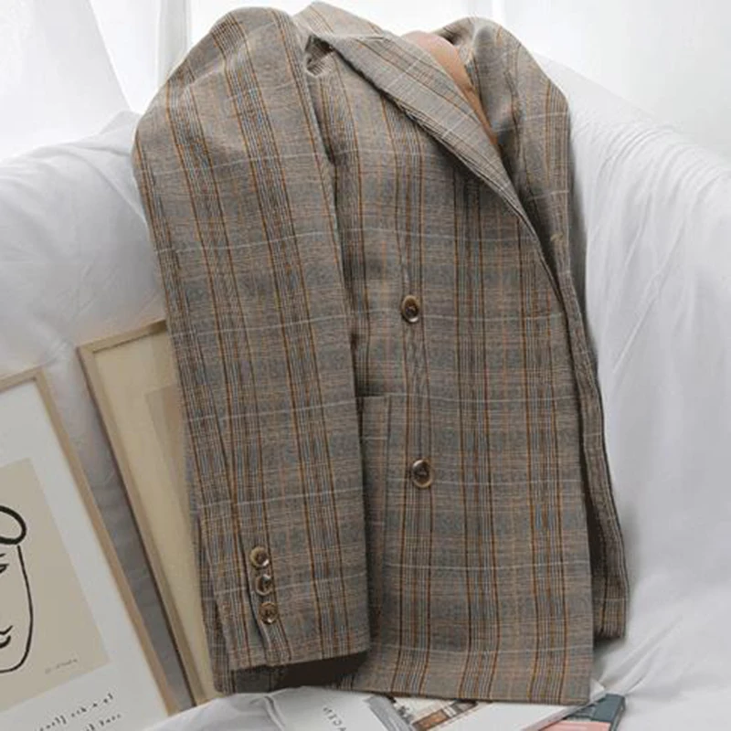 Зимний женский Блейзер Ретро стиль клетчатый костюм для женщин Модный