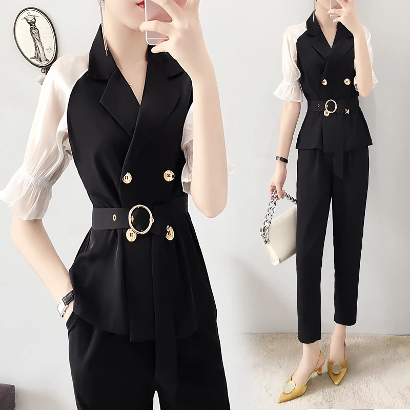 

Двубортный женский офисный комплект s офисный женский корейский комплект профессиональный женский комплект из 2 предметов топ и штаны женс...