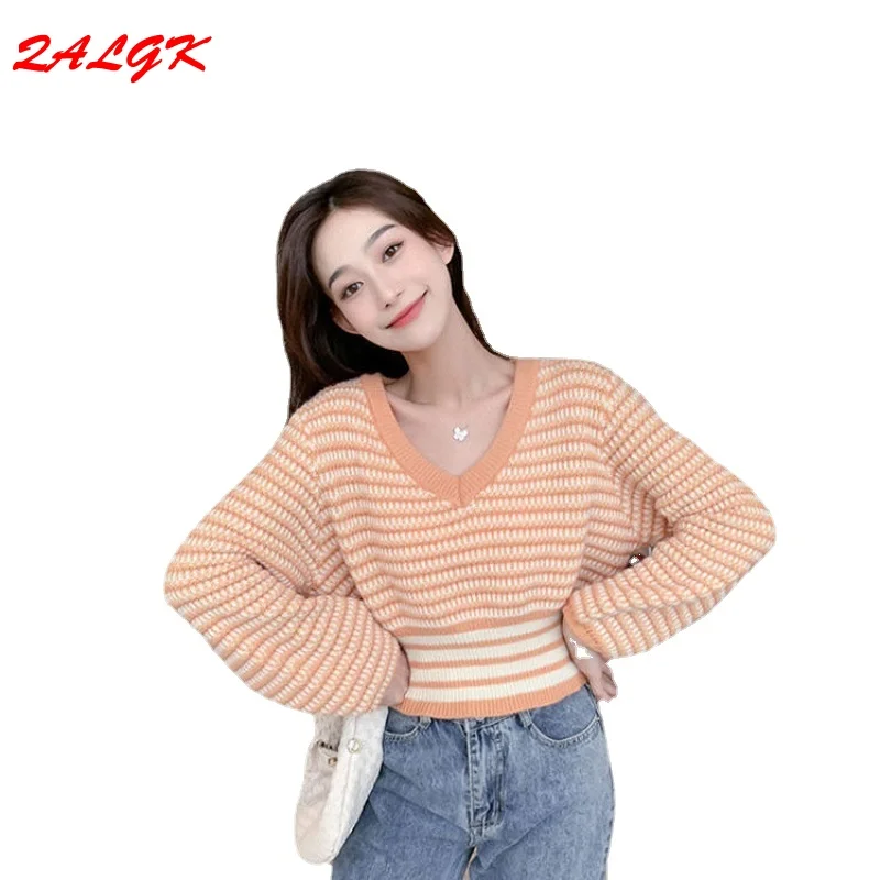 

Women's Short High-waist Sweater Fashion Loose 2021 Autumn and Winter New Korean Style Student Shirt Elegant Stripes Female