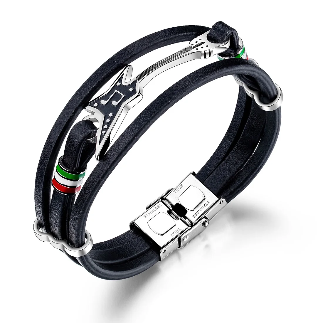 

FATE LOVE Fashion Jewelry Trendy Black PU Leather Male Men Statement Stainless Steel Bracelet Bangles Wristlet with Charm
