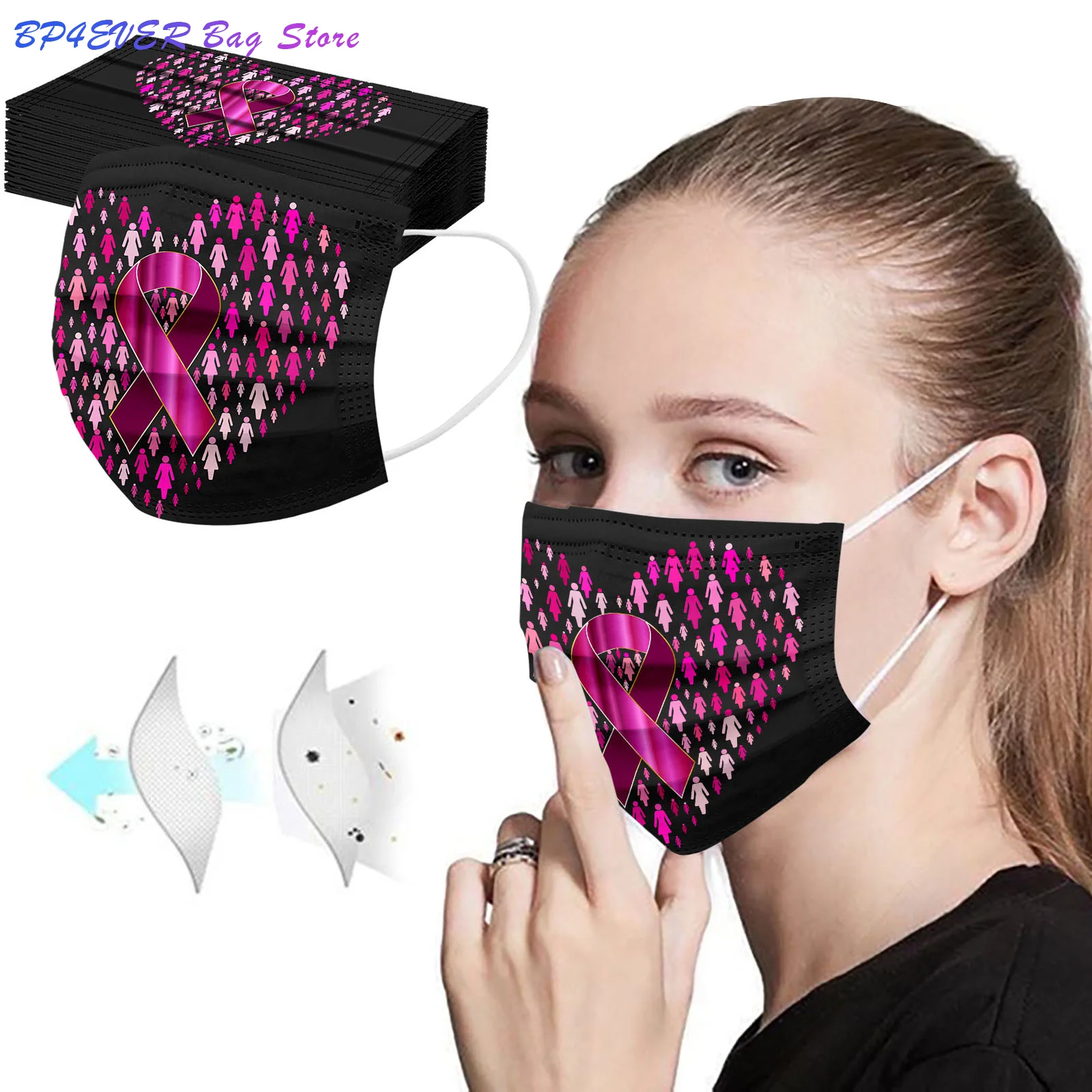 

50pc Fashion Breast Cancer Print Adult Three Layer Disposable Mask Breast Cancer Series Women Dustproof Mask Christmas Cosplay