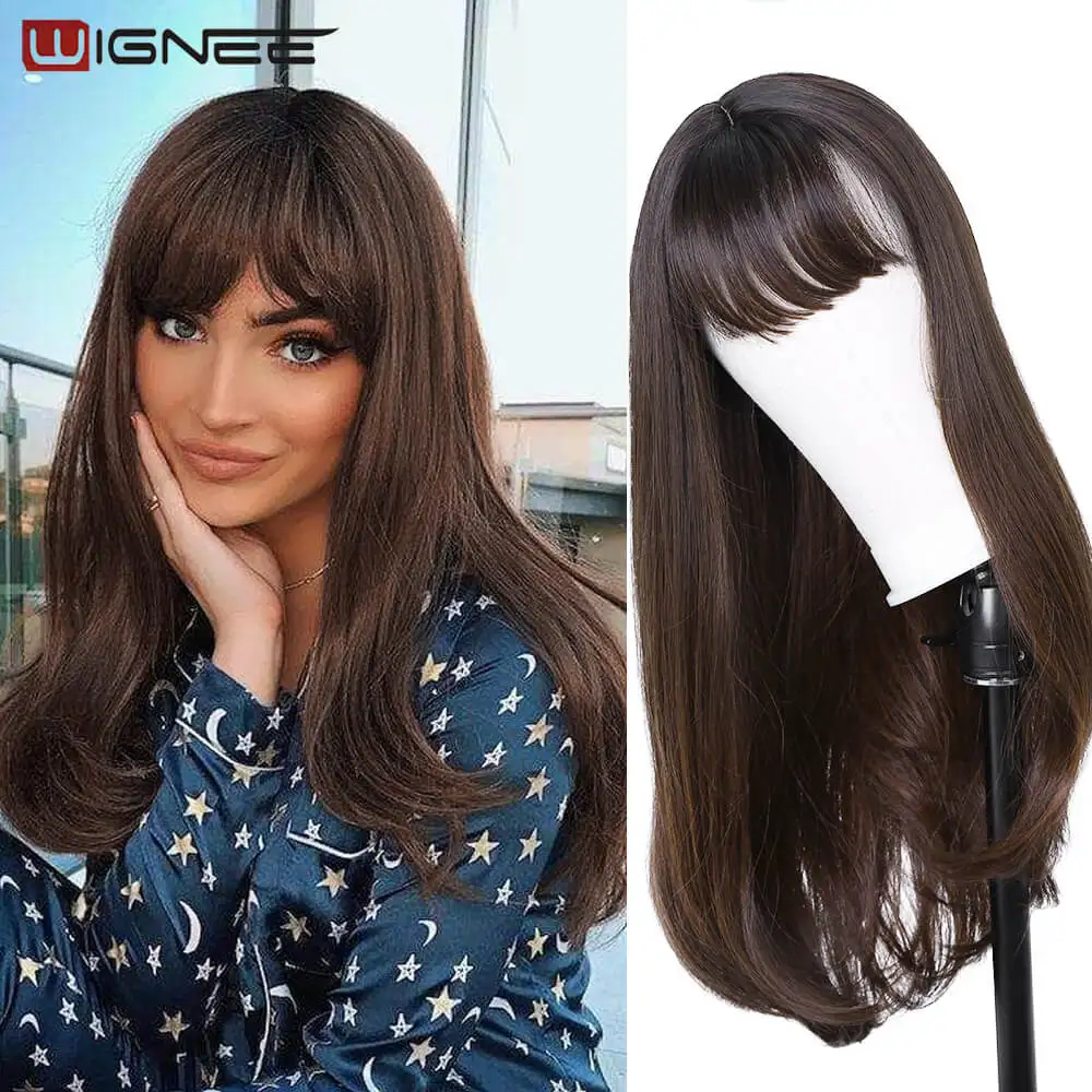 

Wignee Body Wave Wig Synthetic Hair Wigs With Bangs Long Hair Wigs For Women Brown Color Fringe Wig Middle Part Heat Reistance