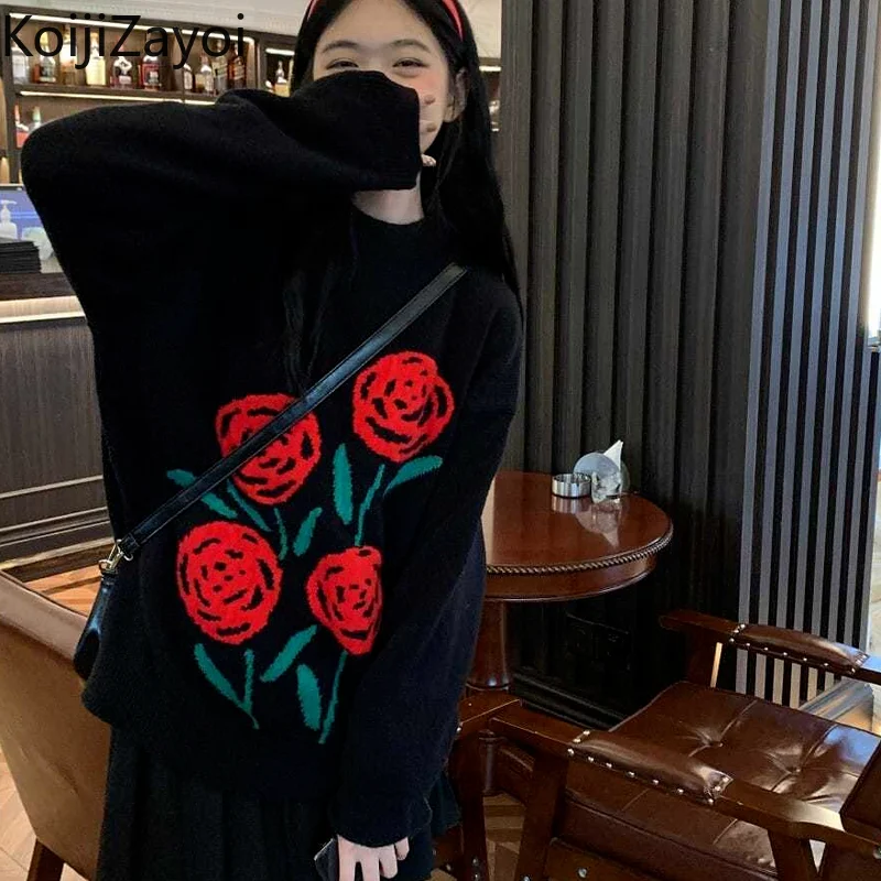 

Koijizayoi Retro Women Floral Sweater Autumn Winter Students Fashion Pullovers Thick Warm Outwear Long Loose Jumpers 2022 New