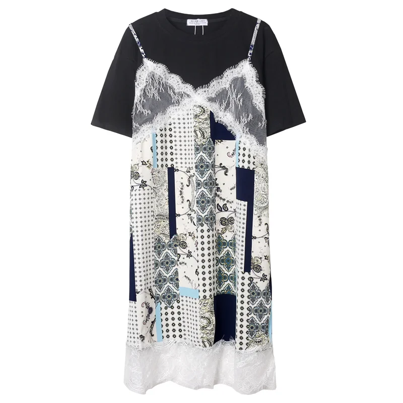 

QING MO Summer New Design Women's Short-sleeved Stitching Lace Sling Fake Two Pieces Of French Temperament Dress ZWL009