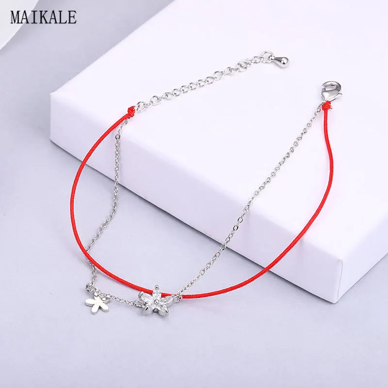 Женский браслет цепочка MAIKALE красный из фианита с подвесками в виде цветов