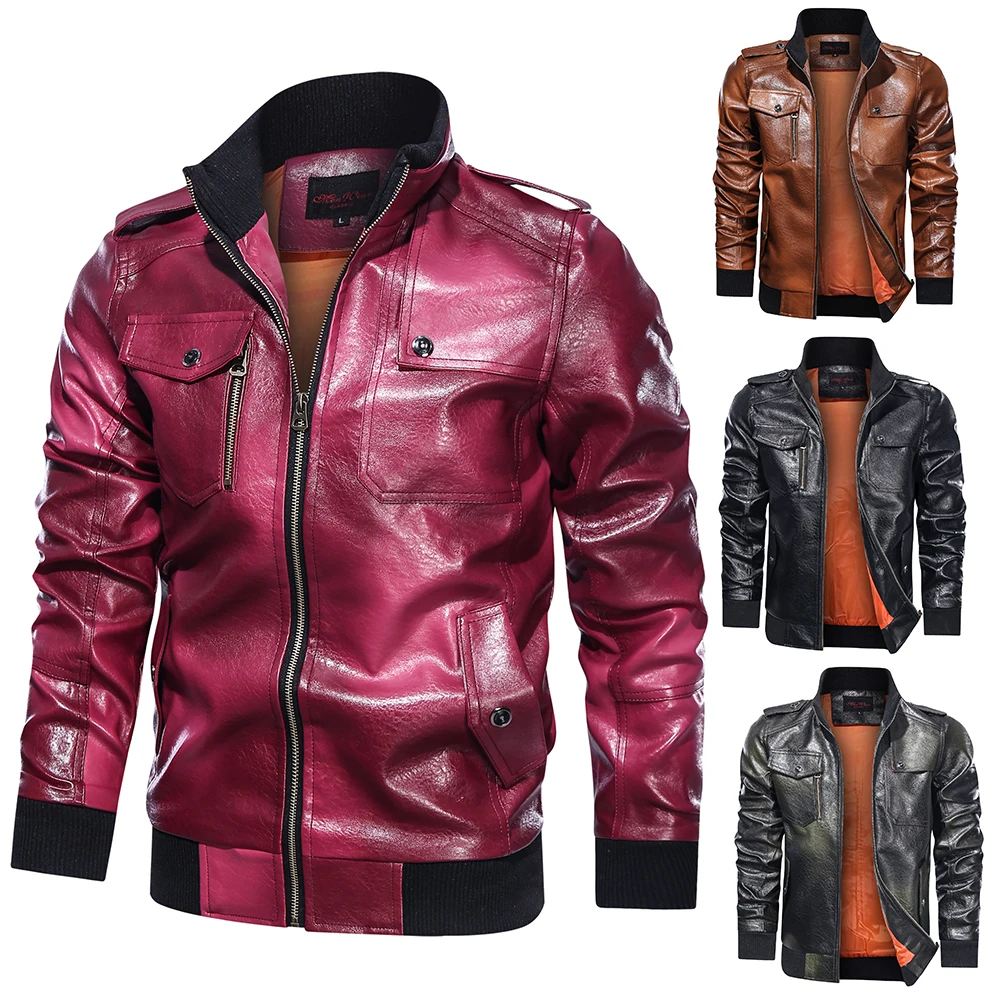 Мужские кожаные куртки Мужская мотоциклетная куртка с воротником-стойкой и